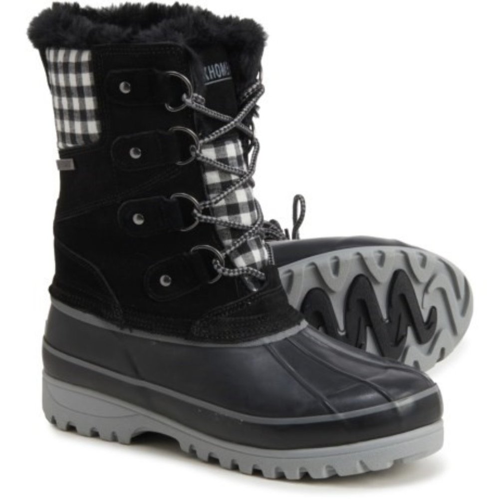 Khombu Nordic Duck Boots Lace Up Suede Faux Fur Booties Black Plaid Size 7 NEW
